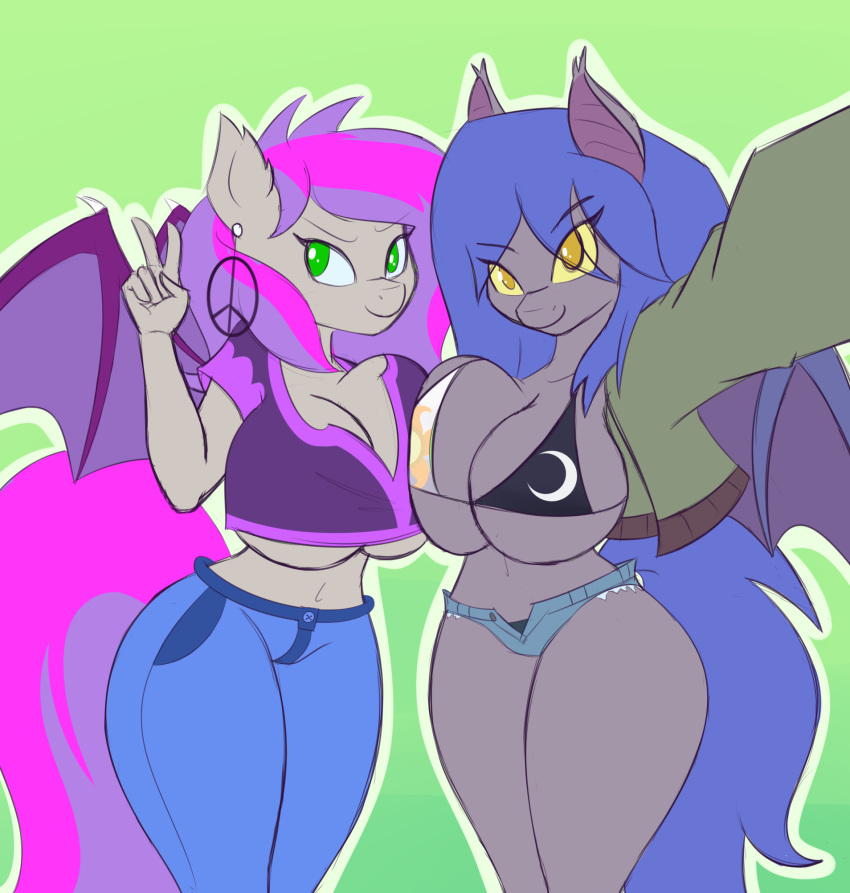 anthro bat_pony big_breasts blue_hair breasts clothing duo equid female female/female funble green_eyes hair hasbro hi_res mammal multicolored_hair my_little_pony peace_symbol pink_hair racket_rhine selfie swimwear two_tone_hair under_boob windseeker_(oc) yellow_eyes