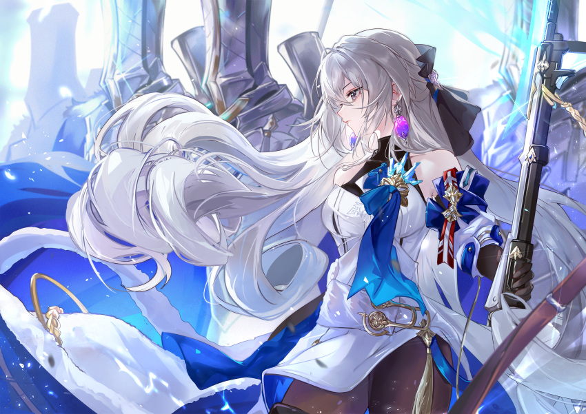 1girl bare_shoulders black_gloves blue_coat breasts bronya_rand brown_gloves coat crossed_bangs detached_sleeves dress drill_hair earrings expressionless fur-trimmed_coat fur_trim gloves grey_eyes grey_hair highres honkai:_star_rail honkai_(series) jewelry long_hair medium_breasts solo twin_drills vardan very_long_hair white_dress