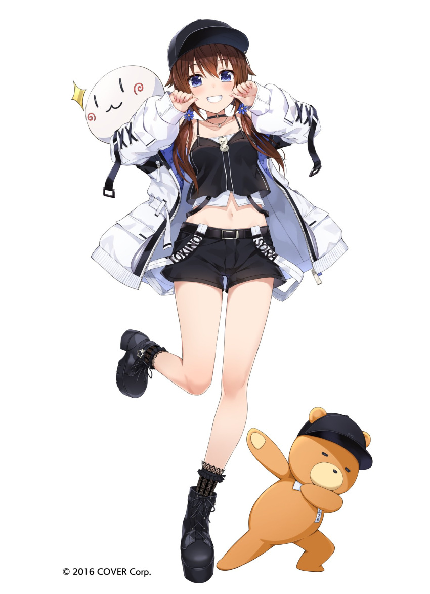 1girl amagai_tarou ankimo_(tokino_sora) bare_shoulders baseball_cap black_choker black_footwear black_headwear black_shirt black_shorts blue_eyes boots brown_hair choker crop_top crop_top_overhang grin hair_over_shoulder hands_up hat highres hololive jacket jewelry leg_up long_hair long_sleeves looking_at_viewer low_twintails midriff navel necklace off_shoulder official_art open_clothes open_jacket shirt short_shorts shorts simple_background sleeveless sleeveless_shirt smile socks solo spaghetti_strap stomach thighs tokino_sora twintails undershirt white_background white_jacket