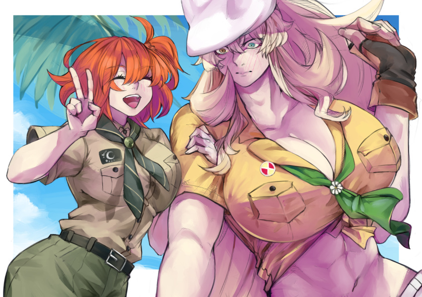 2girls abs ahoge barghest_(fate) barghest_(swimsuit_archer)_(fate) biceps blonde_hair breasts cleavage closed_eyes fate/grand_order fate_(series) fingerless_gloves fujimaru_ritsuka_(female) gloves green_eyes grey_headwear grey_skirt gumi_(the_eye_of_darkness) hat high_ponytail highres huge_breasts large_breasts long_hair midriff miniskirt multiple_girls muscular muscular_female navel neckerchief one_side_up open_mouth orange_hair pencil_skirt shirt short_hair short_sleeves sidelocks skirt smile tied_shirt yellow_gloves yellow_shirt