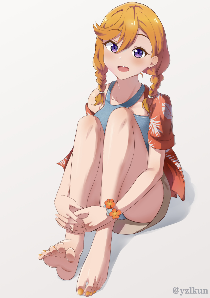 1girl :d absurdres bare_legs barefoot blue_panties blush braid breasts brown_shorts collarbone convenient_leg feet floral_print full_body grey_background hair_between_eyes hawaiian_shirt highres hugging_own_legs knees_up large_breasts legs looking_at_viewer love_live! love_live!_superstar!! medium_hair nail_polish off_shoulder on_ground open_clothes open_mouth open_shirt orange_nails orange_shirt panties parted_bangs print_shirt purple_eyes shibuya_kanon shirt short_sleeves shorts single_bare_shoulder sitting smile soles solo swept_bangs teeth thighs toenail_polish toenails toes twin_braids twitter_username underwear upper_teeth_only wristband yzlkun