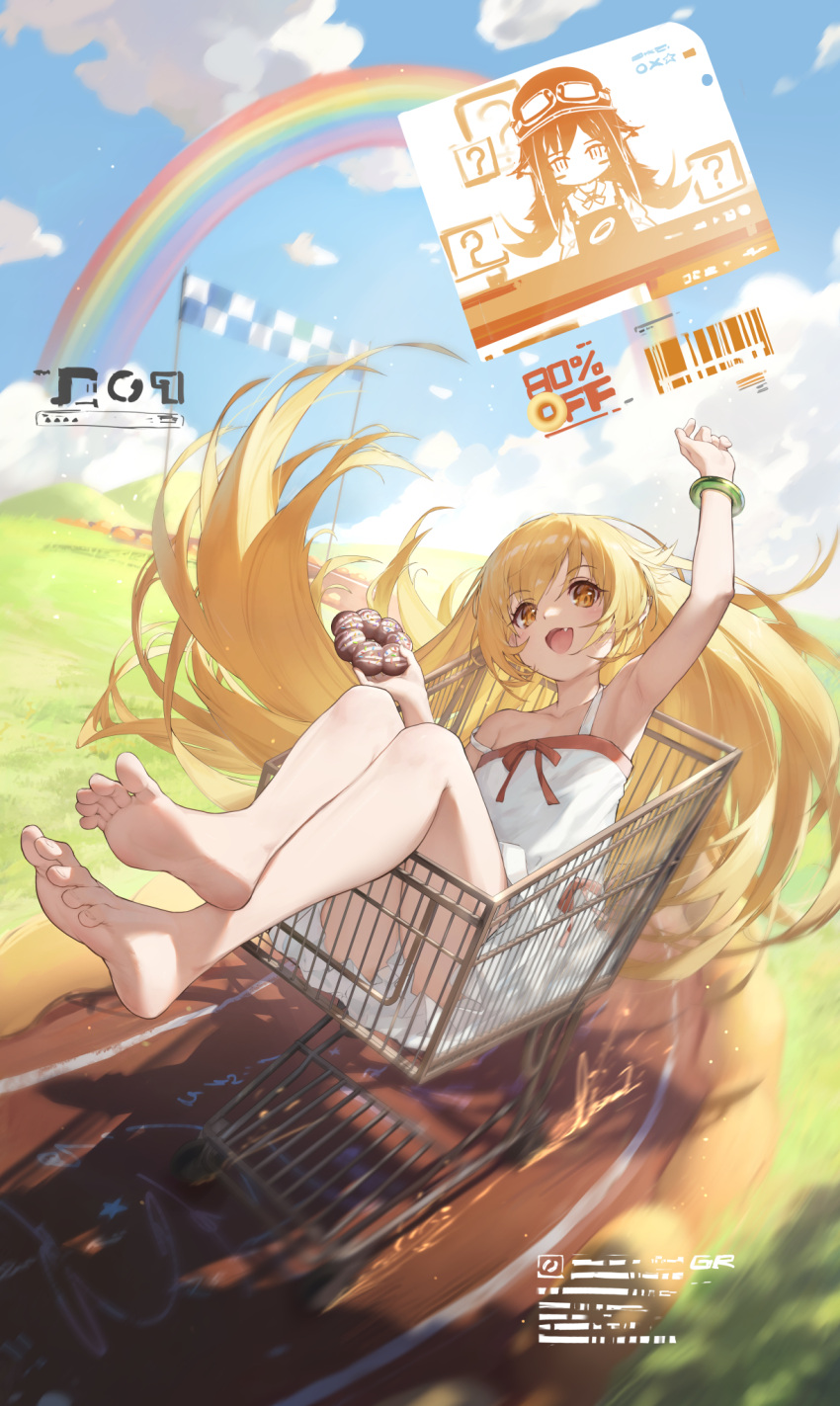 1girl :d bakemonogatari barefoot blonde_hair blue_sky cloud day doughnut dress fang feet food highres holding holding_food legs long_hair looking_at_viewer monogatari_(series) observerz off_shoulder open_mouth oshino_shinobu outdoors rainbow sky smile soles solo toenails toes very_long_hair white_dress yellow_eyes