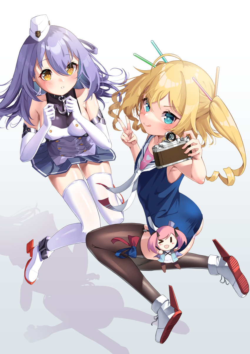 2girls :p absurdres ahoge anchor_choker ass azur_lane bare_shoulders black_thighhighs blonde_hair blue_eyes blue_hair blush breasts camera character_doll commentary_request dewey_(azur_lane) elbow_gloves full_body garter_straps gloves gridley_(azur_lane) hair_between_eyes hair_ornament hands_up hat highres holding holding_camera ma_ri_dai_ku medium_breasts medium_hair miniskirt multiple_girls panties panty_peek parted_lips pleated_skirt saratoga_(azur_lane) shadow simple_background skirt thighhighs tongue tongue_out underwear v white_gloves white_headwear white_panties white_thighhighs yellow_eyes