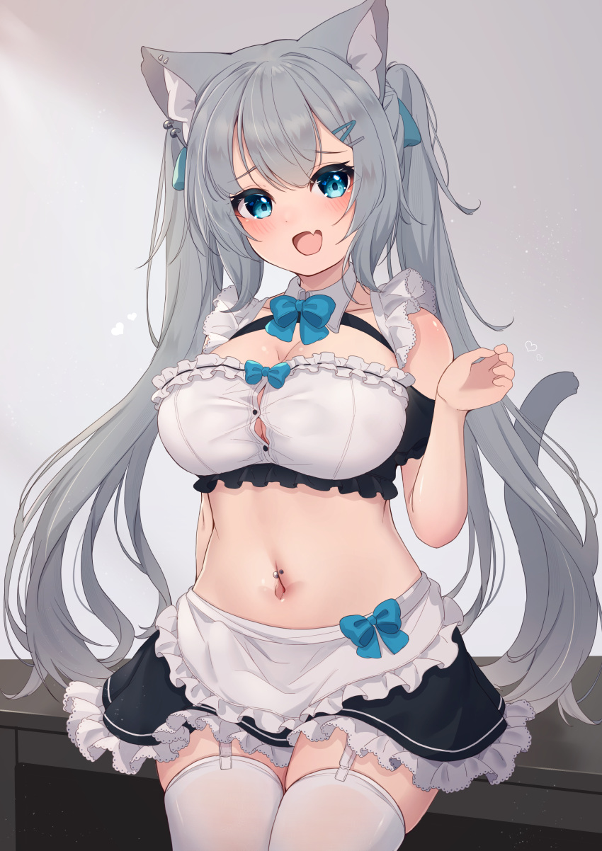 1girl :d absurdres animal_ears apron bare_shoulders black_skirt blue_bow blue_eyes blush bow breasts cat_ears cat_girl cat_tail cleavage commentary_request ear_piercing fang frilled_apron frilled_skirt frills garter_straps grey_hair hair_ornament hairclip hand_up highres hinata_(user_rjkt4745) large_breasts long_hair looking_at_viewer maid navel navel_piercing original piercing puffy_short_sleeves puffy_sleeves short_sleeves skirt smile solo tail thighhighs twintails very_long_hair waist_apron white_apron white_thighhighs