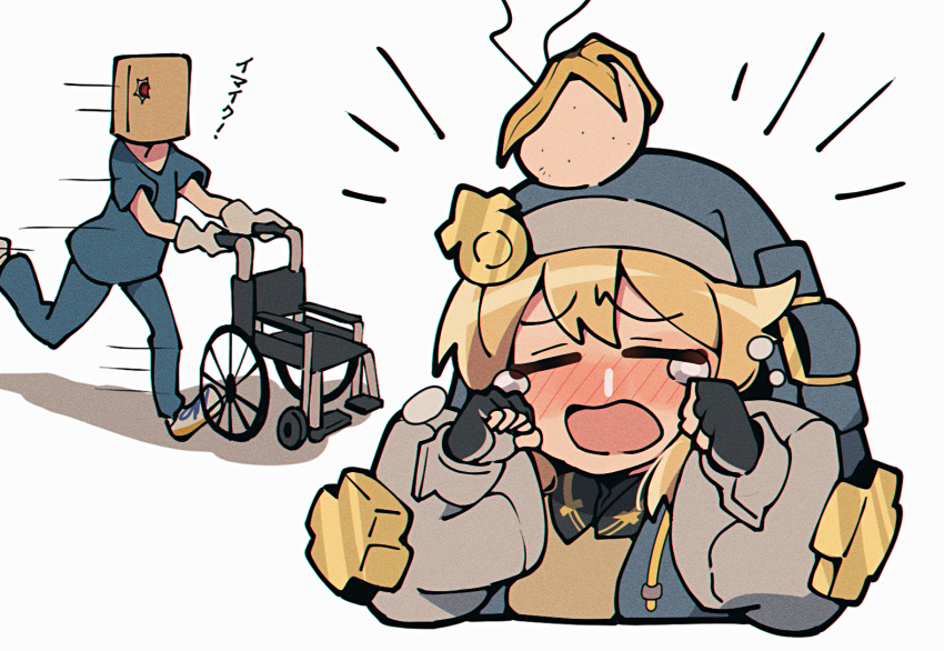 2boys accident androgyne_symbol bag banana_peel black_gloves blonde_hair blue_shirt blush bridget_(guilty_gear) doctor faust_(guilty_gear) fingerless_gloves gloves guilty_gear guilty_gear_strive habit hood hood_up hooded_jacket hoodie itsuka_neru jacket long_sleeves male_focus medium_hair multiple_boys open_clothes open_hoodie open_mouth otoko_no_ko paper_bag puffy_long_sleeves puffy_sleeves shirt simple_background stethoscope white_gloves