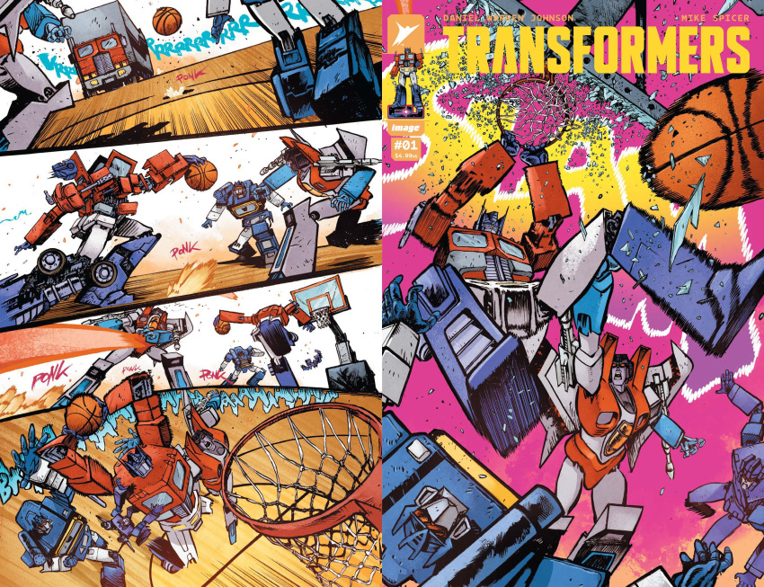 artist_name autobot ball basketball basketball_(object) basketball_hoop blue_eyes clenched_teeth collaboration comic_cover copyright_name cover cover_page daniel_warren_johnson decepticon english_commentary frown highres jumping mecha mechanical_wings mike_spicer motor_vehicle official_art open_hand open_mouth optimus_prime red_eyes robot rumble_(transformers) science_fiction shoulder_cannon slam_dunk_(basketball) sound_effects soundwave_(transformers) starscream surprised teeth transformation transformers transformers_(skybound) truck western_comics_(style) wings