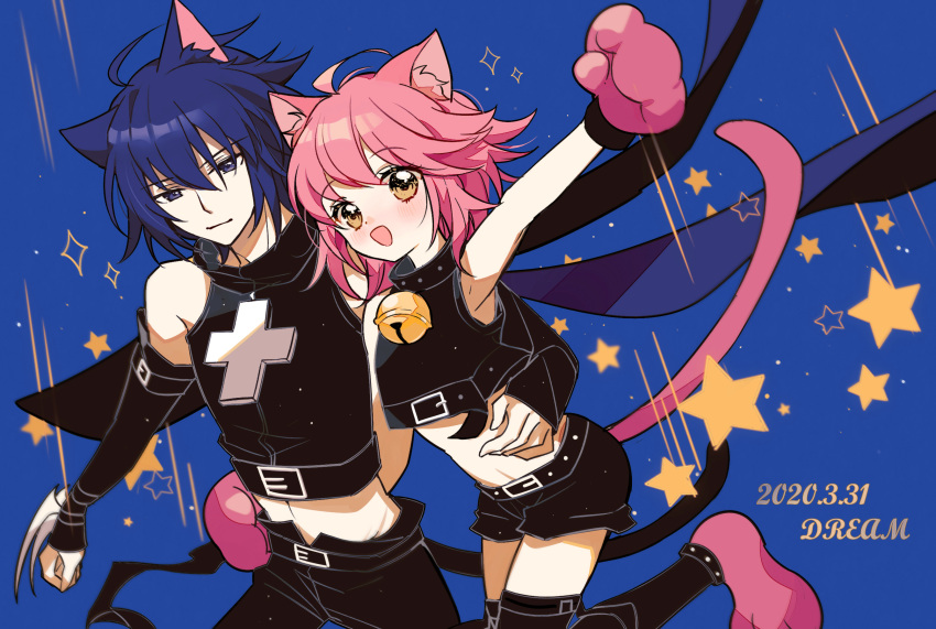 1boy 1girl 2020 ahoge alternate_costume animal_ears animal_hands artist_name black_collar black_lynx black_shirt black_shorts blue_background brown_eyes cat_boy cat_ears cat_girl cat_paws cat_tail collar crop_top dated dream_(1791923913) hair_down hetero highres hinamori_amu looking_at_viewer pink_hair shirt shorts shugo_chara! star_(symbol) tail tsukiyomi_ikuto