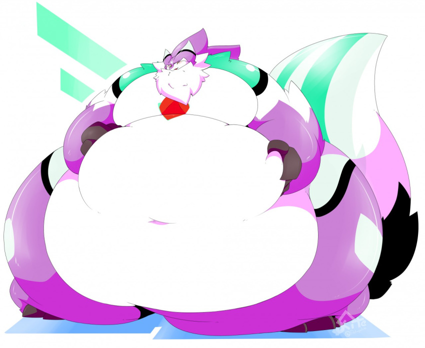 2019 ambiguous_gender anthro blush chest_tuft deep_navel dragon embarrassed fur furred_dragon morbidly_obese navel obese overweight purple_body purple_fur solo squeezing_belly tail thick_thighs tuft watermark weighty-kyte