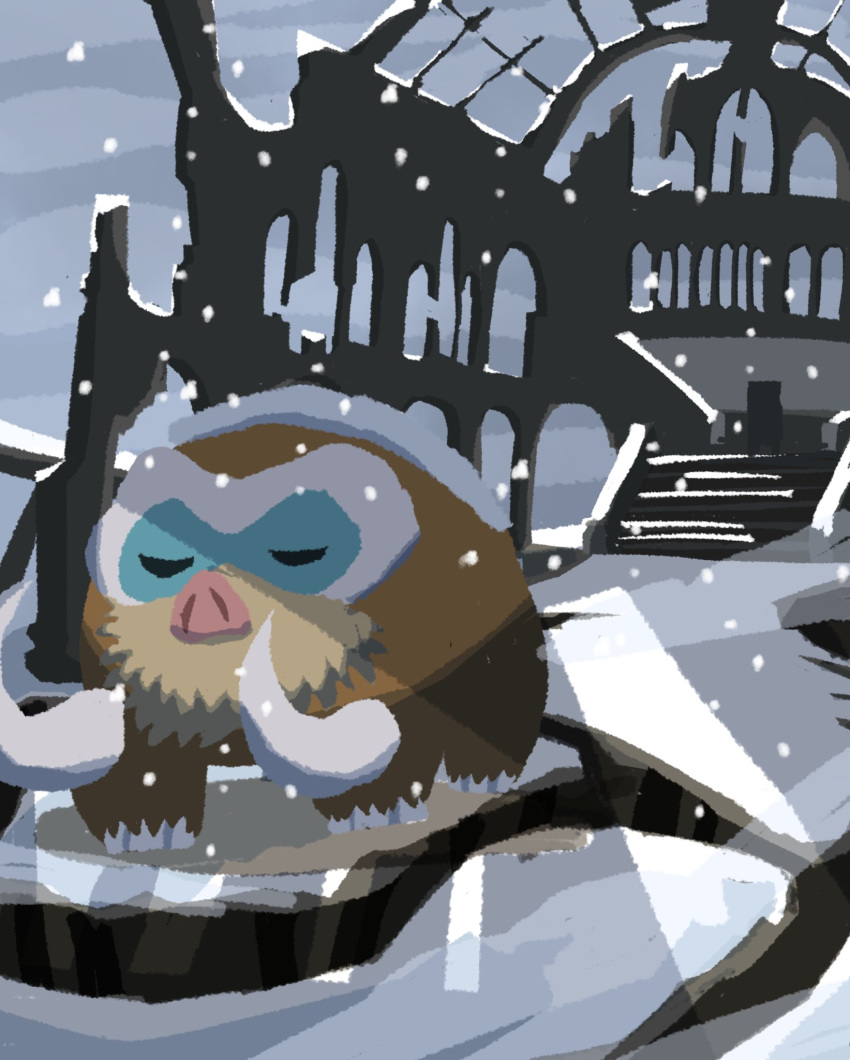 brown_fur closed_eyes commentary_request highres mamoswine no_humans outdoors pokemon pokemon_(creature) ruins snow snowing solo stairs standing tomozo_(muginosukejr) tusks