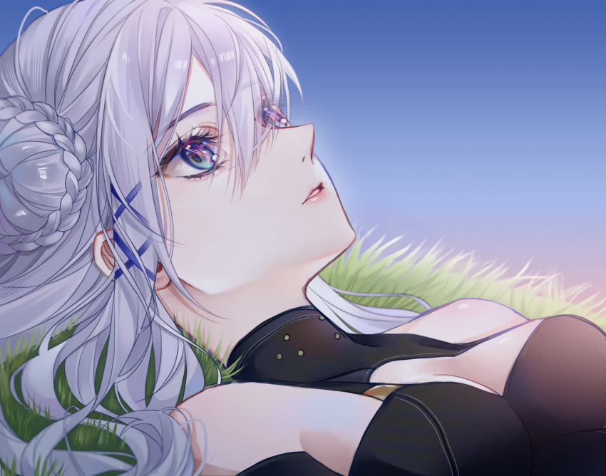 1girl blue_eyes breasts cleavage grass grey_hair gumi_070 hair_between_eyes hair_bun hair_ornament highres long_hair nijisanji nijisanji_en parted_lips solo victoria_brightshield virtual_youtuber x_hair_ornament