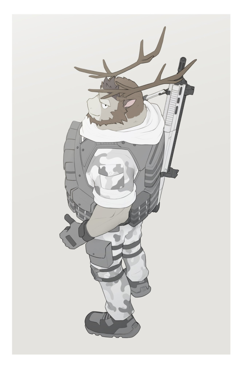 2022 anthro antlers beard black_boots black_clothing black_footwear boots bottomwear brown_body brown_fur brown_hair bulletproof_vest camo camo_bottomwear camo_clothing camo_pants camo_print capreoline clothing deer facial_hair footwear fur gesture gun hair hi_res high-angle_view horn huka8989 looking_at_viewer male mammal owen_brayden pants pattern_bottomwear pattern_clothing pattern_pants ranged_weapon reindeer rifle rifle_sling rolled_up_sleeves simple_background soldier solo tactical_belt tactical_gloves tan_background thumbs_up warrior weapon