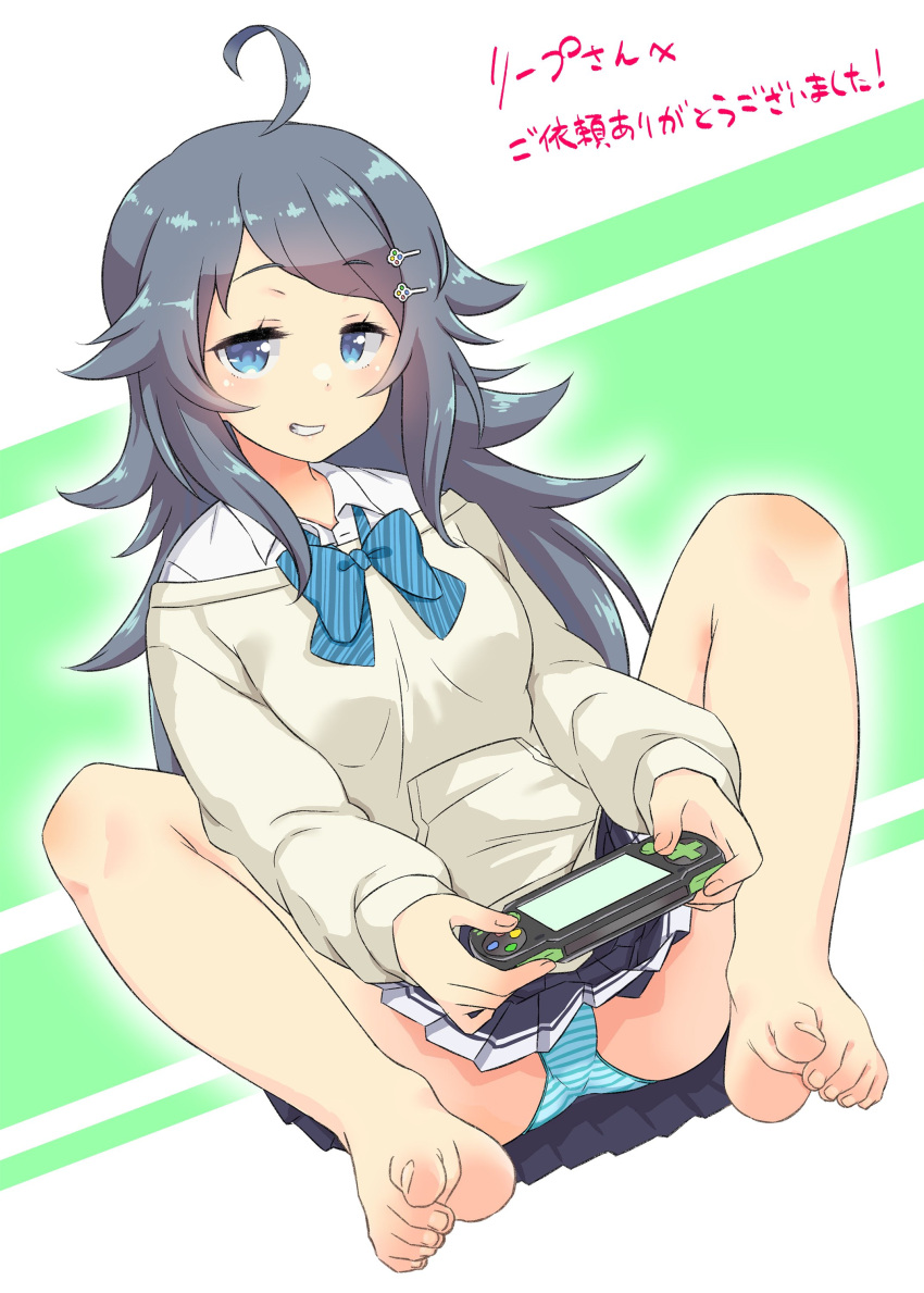 1girl absurdres ahoge bare_legs barefoot black_skirt blue_bow blue_bowtie blue_eyes blue_panties blush bow bowtie breasts collared_shirt commission eyelashes feet green_background grey_hair hair_ornament hairclip handheld_game_console highres holding humiu inohara_koboshi knees_up leaning_back long_hair long_sleeves looking_at_viewer miniskirt ongeki panties parted_bangs playstation_vita pleated_skirt school_uniform second-party_source shirt sidelocks sitting skeb_commission skirt small_breasts smug solo striped striped_background striped_panties swept_bangs tan_sweater toe_scrunch toenails toes underwear white_background white_shirt