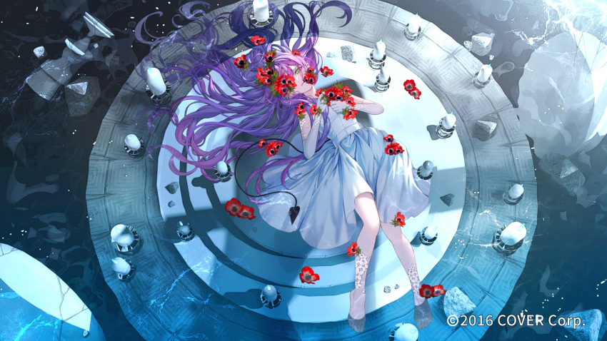 1girl barefoot blue_fire candle candlestand commentary copyright_name debris demon_tail dress elbow_gloves fire flower flower_over_eye gloves green_eyes hair_over_one_eye highres holding holding_flower hololive lace_trim long_hair lying nekoyama_iori on_back pedestal pool purple_hair red_flower soaking_feet solo tail tokoyami_towa very_long_hair virtual_youtuber water white_dress