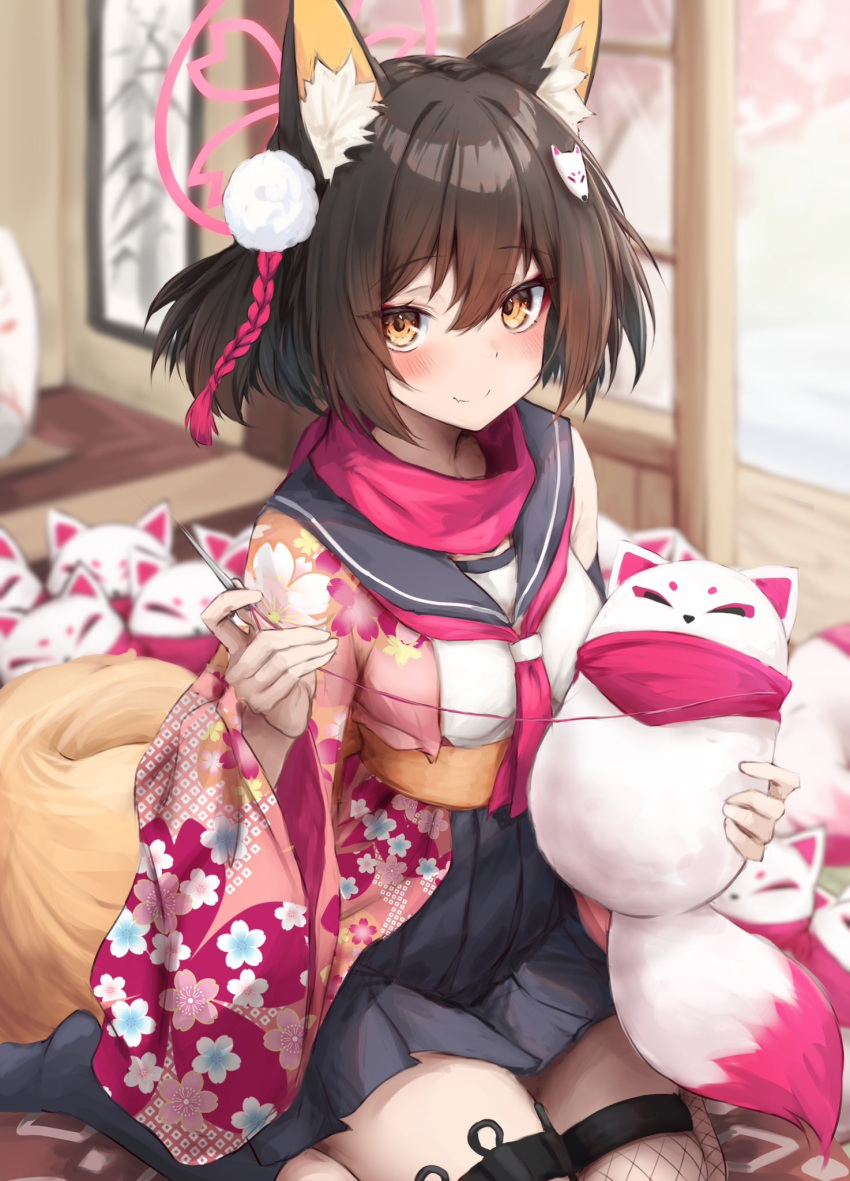 1girl animal_ear_fluff animal_ears architecture blue_archive blurry blurry_background blush closed_eyes closed_mouth colored_inner_animal_ears commentary_request cropped_legs east_asian_architecture floral_print_kimono fox_ears fox_girl fox_tail grey_sailor_collar grey_skirt hair_ornament half_updo halo highres holding holding_needle holding_stuffed_toy indoors inre_kemomimi izuna_(blue_archive) japanese_clothes kimono looking_at_viewer neckerchief needle obi one_side_up pink_halo pink_kimono pink_neckerchief pink_scarf pleated_skirt pom_pom_(clothes) pom_pom_hair_ornament rope sailor_collar sash scarf seiza sewing_needle shimenawa shirt short_hair sitting skirt sleeveless sleeveless_shirt smile solo stuffed_animal stuffed_fox stuffed_toy tail tailor white_shirt yellow_eyes