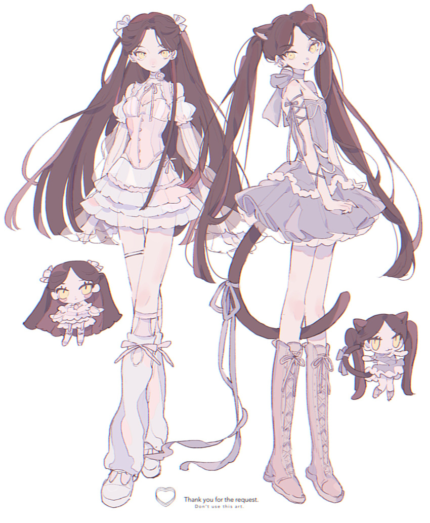 2girls :3 absurdres animal_ears bare_shoulders boots brown_hair cat_ears cat_girl cat_tail chibi choker chromatic_aberration closed_mouth commission corset detached_sleeves dress english_text fashion full_body highres knee_blush layered_skirt long_hair looking_at_viewer multiple_girls neck_ribbon open_mouth original pink_dress purple_dress ribbon ronoh_(jill) see-through see-through_skirt see-through_sleeves simple_background skeb_commission skirt smile standing tail tail_ornament tail_ribbon thigh_strap twintails very_long_hair white_background white_dress white_leg_warmers yellow_eyes