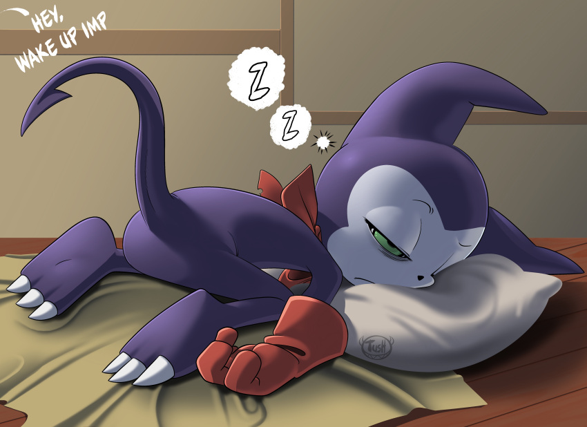 absurd_res anthro bandai_namco butt claws clothing digimon digimon_(species) gloves green_eyes handwear hi_res imp impmon male pillow purple_body sleeping solo sound_effects tush vowelless vowelless_sound_effect waking_up zzz