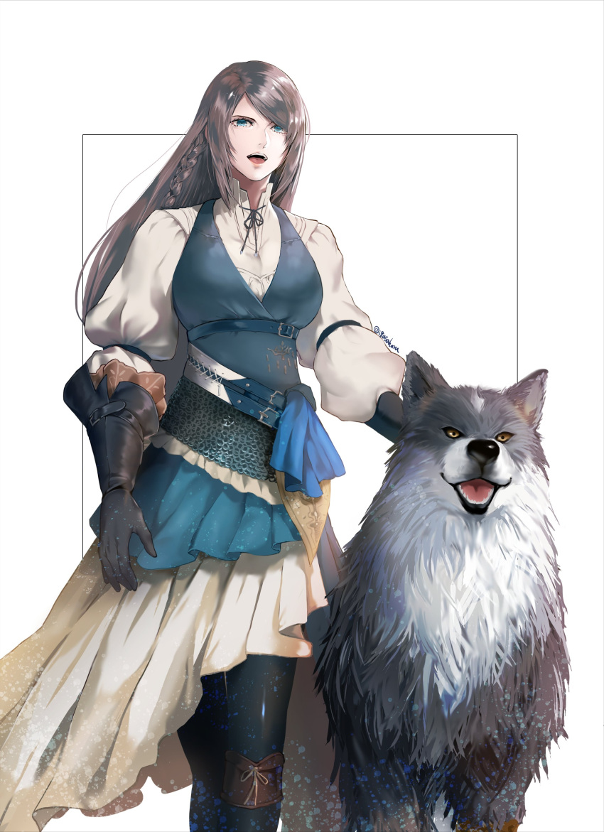 1girl absurdres black_gloves blue_eyes blue_vest boots border braid dog final_fantasy final_fantasy_xvi gloves grey_hair grey_wolf highres igusaharu jill_warrick leather_vest long_hair low-tied_long_hair open_mouth puffy_sleeves skirt torgal_(ff16) vest wolf