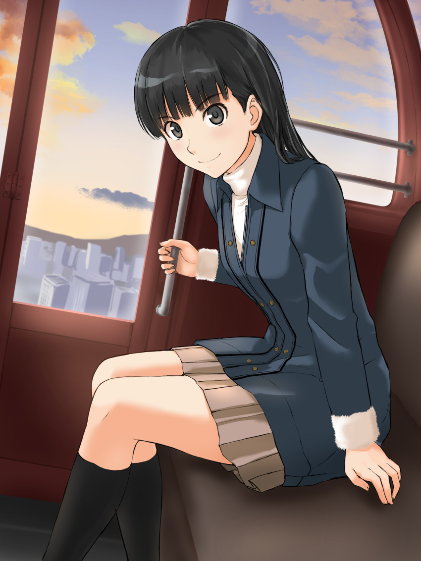 1girl amagami ayatsuji_tsukasa black_eyes black_hair black_socks blue_coat closed_mouth coat ferris_wheel_interior grey_skirt highres horizon kneehighs long_hair long_sleeves looking_at_viewer pleated_skirt skirt sky socks solo sweater takenoko_saba_otto turtleneck white_sweater