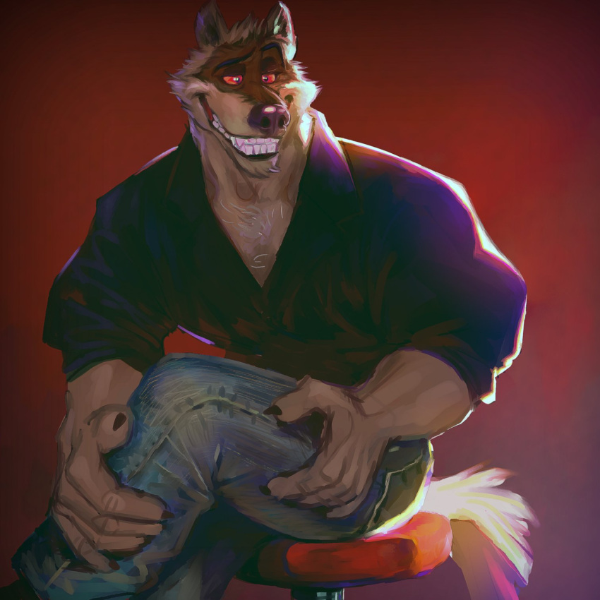 1:1 5_fingers anthro black_claws black_clothing black_nose black_topwear blue_bottomwear blue_clothing blue_jeans blue_pants bottomwear canid canine canis casual_clothing claws clothing death_(puss_in_boots) denim denim_clothing dreamworks dyna_inugata fingers fur furniture grin hi_res jeans male mammal multicolored_body multicolored_fur pants puss_in_boots_the_last_wish red_eyes rolled_up_sleeves simple_background smile solo stool teeth topwear two_tone_body two_tone_fur wolf