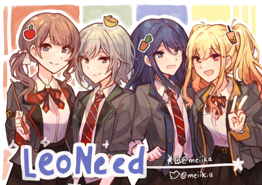 4girls apple belt black_jacket blazer blonde_hair blue_eyes blue_hair brown_hair bubble_tea closed_mouth collared_shirt commentary diagonal-striped_bowtie diagonal-striped_necktie dress_shirt drumsticks food fruit green_eyes grey_hair highres hinomori_shiho holding holding_drumsticks hoshino_ichika_(project_sekai) instagram_username jacket lapels leo/need_(project_sekai) long_hair long_sleeves looking_at_viewer meiik_a mochizuki_honami multiple_girls notched_lapels open_clothes open_jacket open_mouth pink_eyes project_sekai shirt short_hair sidelocks tenma_saki twintails twitter_logo twitter_username upper_body v white_shirt