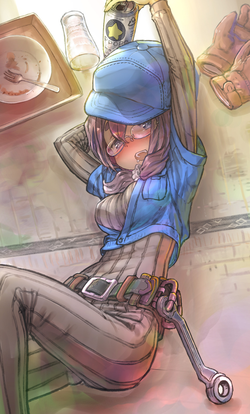 1girl absurdres beer_can blue_eyes blue_headwear blush breasts brown_gloves can character_request cup drinking_glass fork glasses gloves gloves_removed highres indie_virtual_youtuber large_breasts long_sleeves looking_at_viewer medium_hair plate purple_hair solo teeth tool_belt tsukushi_akihito upper_teeth_only virtual_youtuber