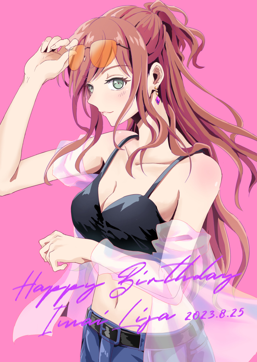 1girl :3 absurdres adjusting_eyewear bang_dream! belt blush breasts character_name cleavage closed_mouth collarbone commentary_request crop_top dated denim denim_shorts earrings eyewear_on_head green_eyes half_updo happy_birthday highres imai_lisa jacket jewelry large_breasts light_brown_hair long_hair looking_at_viewer midriff navel off_shoulder pink_background ponytail roselia_(bang_dream!) see-through see-through_jacket shih_lion shirt shorts simple_background sleeveless sleeveless_shirt solo sunglasses upper_body wavy_hair wind