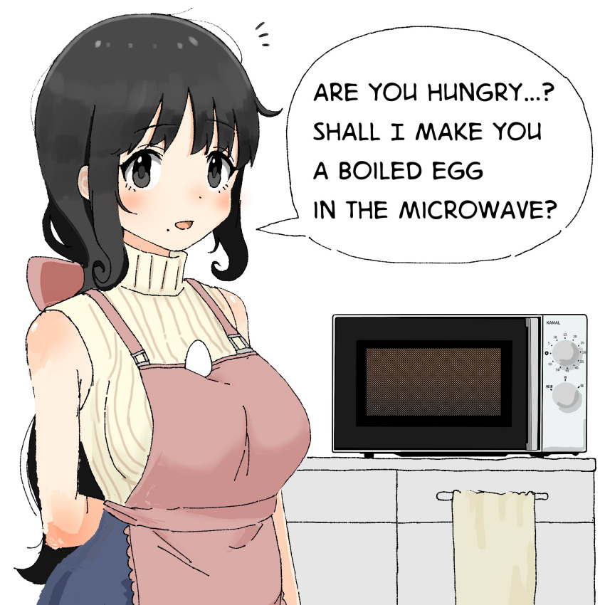 1girl aiu404l apron black_hair breasts brown_apron comic_sans cowboy_shot egg english_text food_on_body food_on_breasts grey_eyes highres jaggy_lines large_breasts light_smile long_hair looking_at_viewer messy_hair microwave mole mole_under_mouth notice_lines open_mouth original pinstripe_pattern pinstripe_sweater short_sleeves sidelocks simple_background solo speech_bubble striped sweater turtleneck turtleneck_sweater white_background yellow_sweater