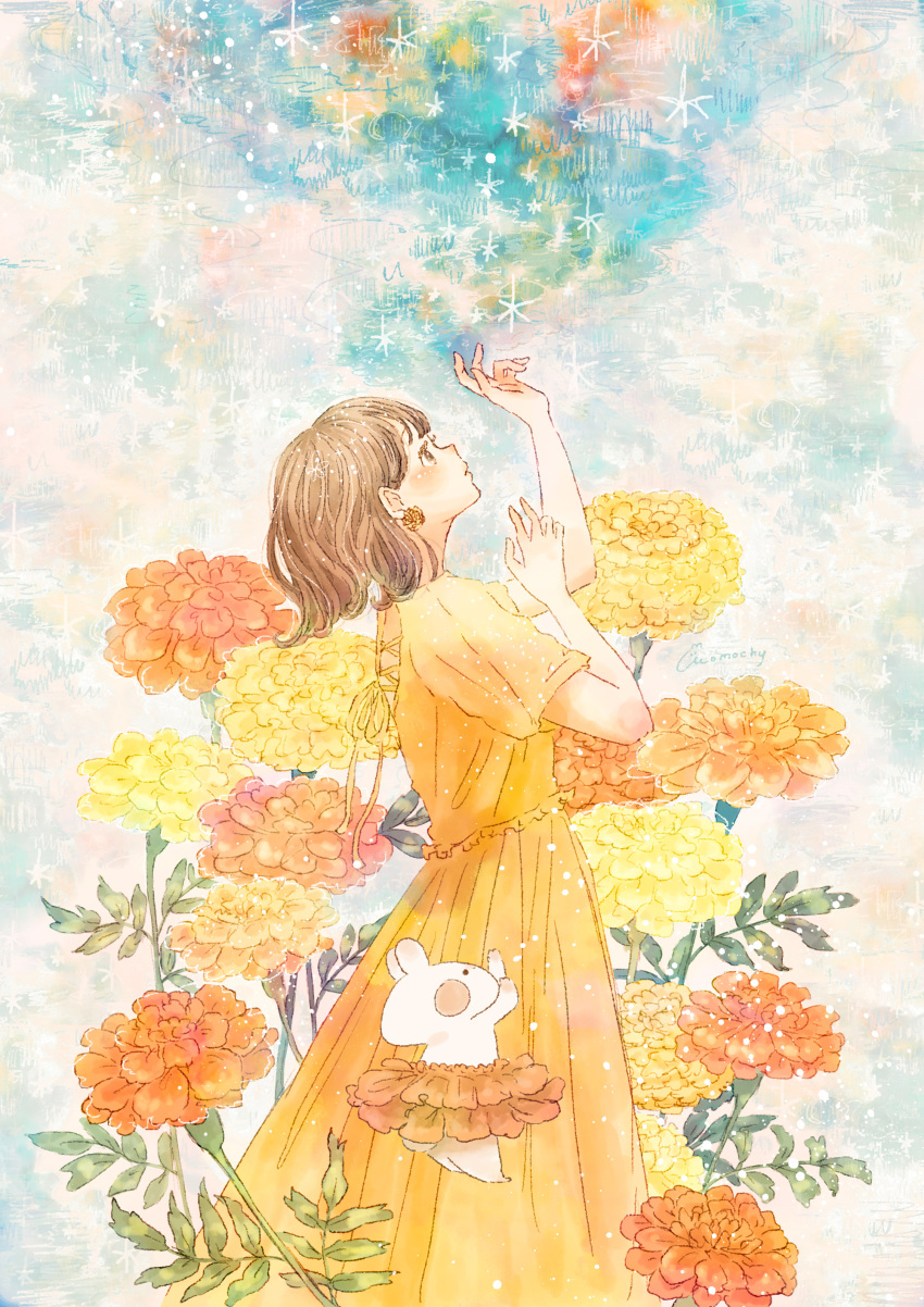 1girl absurdres blush bob_cut brown_eyes brown_hair cowboy_shot dress earrings expressionless flower flower_earrings from_side highres jewelry looking_up marigold momochy orange_flower orange_skirt original profile rabbit short_hair short_sleeves skirt star_(sky) white_rabbit_(animal) yellow_dress yellow_flower