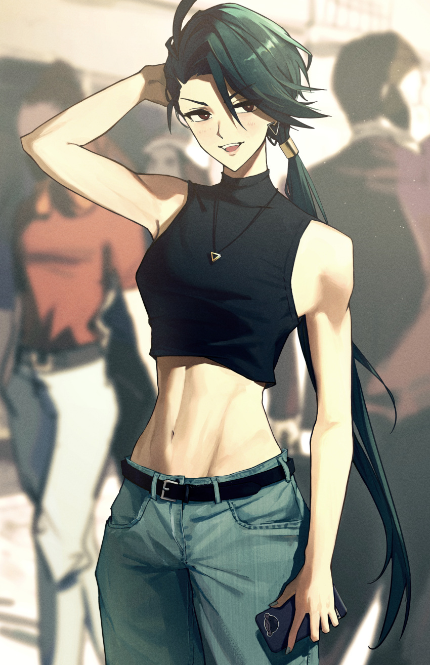 1girl :d abs absurdres bare_arms belt black_belt black_shirt blurry blurry_background blush bright_pupils brown_eyes cellphone cropped_shirt denim earrings green_hair green_pants hand_up highres holding holding_phone jeans jewelry long_hair madoro_q midriff mixed-language_commentary navel open_mouth pants phone pokemon pokemon_(game) pokemon_sv ponytail rika_(pokemon) shirt sleeveless sleeveless_shirt smile teeth upper_teeth_only white_pupils