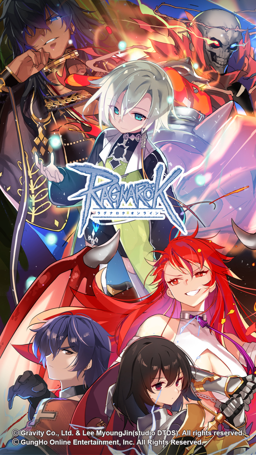 2girls 4boys arch_mage_(ragnarok_online) betelgeuse_(ragnarok_online) black_gloves black_hair black_shirt black_shorts black_vest blue_eyes bracer breasts character_request cleavage crop_top crown_of_thorns dark-skinned_male dark_skin dragon_knight_(ragnarok_online) dragon_wings elbow_gloves eye_trail gauntlets gloves grey_hair grin hair_between_eyes hair_over_one_eye heterochromia highres holding holding_sword holding_weapon large_breasts leticia_(ragnarok_online) light_trail long_bangs long_hair long_sleeves looking_at_viewer medium_bangs multiple_boys multiple_girls naght_sieger official_art official_wallpaper oscar_(ragnarok_online) pectoral_cleavage pectorals ragnarok_online red_eyes red_hair red_wings shirt short_hair shorts sleeveless sleeveless_shirt smile sword tan thighhighs undead upper_body vest weapon white_gloves white_shirt white_thighhighs wings