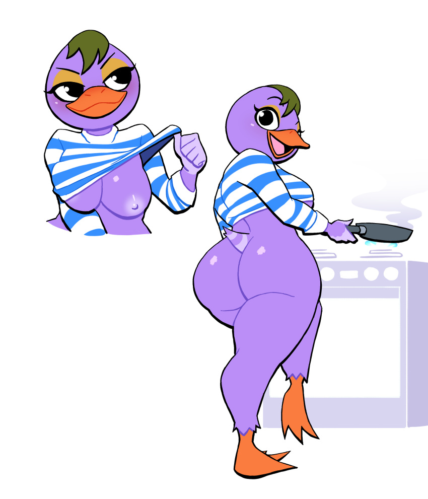 absurd_res anatid animal_crossing anseriform anthro avian bird bottomless butt clothed clothing clothing_lift cooking duck female flashing flashing_breasts front_view hi_res looking_at_viewer lovetopullmicke mallary_(animal_crossing) multiple_poses nintendo one_eye_closed pose rear_view shirt shirt_lift simple_background smug solo topwear white_background wink