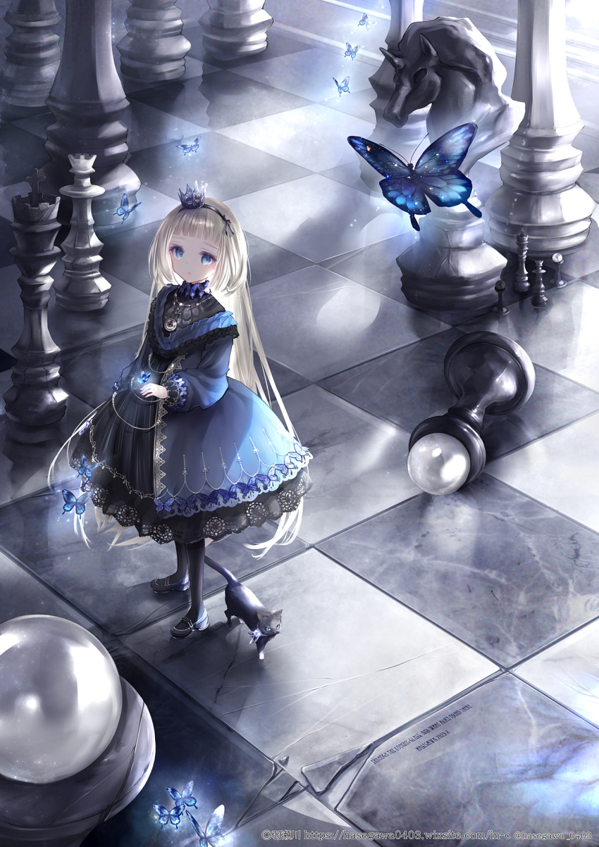 1girl alice_in_wonderland black_cat blonde_hair blue_eyes board_game bug butterfly cat checkered_floor chess chess_piece dress english_text hane_segawa highres king_(chess) knight_(chess) lace long_sleeves original pawn_(chess) solo