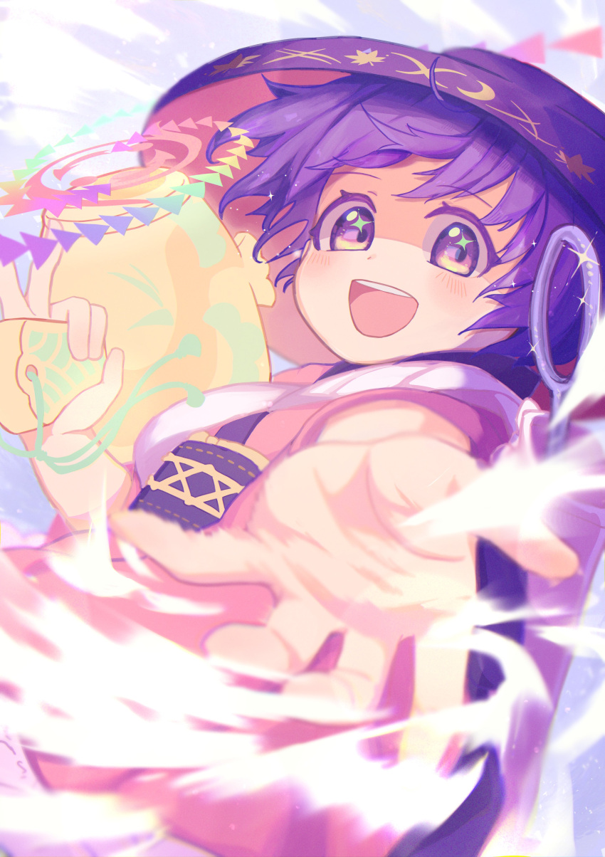 1girl :d absurdres bowl bowl_hat commentary_request cowboy_shot foreshortening hangaku_th hat highres japanese_clothes kimono looking_at_viewer miracle_mallet needle open_mouth pink_kimono purple_eyes purple_hair short_hair smile solo sparkle sparkling_eyes sukuna_shinmyoumaru teeth touhou upper_teeth_only