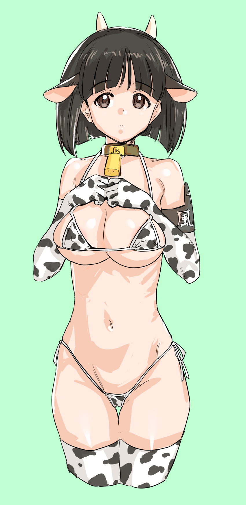 1girl absurdres animal_ears animal_print bell bikini black_hair brown_eyes cameltoe cow_ears cow_horns cow_print cowbell elbow_gloves fake_animal_ears fake_horns girls_und_panzer gloves gotou_moyoko green_background highres horns kuppipi_ramutarou large_areolae micro_bikini navel neck_bell print_bikini short_hair side-tie_bikini_bottom simple_background solo swimsuit thighhighs thong_bikini