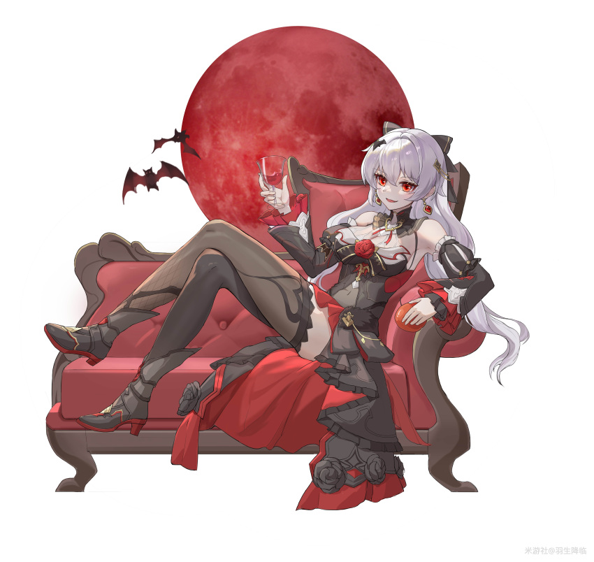 1girl :d absurdres alcohol artist_name bare_shoulders bat_(animal) black_bow black_dress black_footwear black_sleeves black_thighhighs boots bow breasts chinese_commentary chinese_text cleavage commentary_request couch crossed_legs cup detached_sleeves dress drinking_glass earrings fang flower full_body full_moon grey_hair hair_between_eyes hair_bow hair_ornament high_heels highres holding holding_cup honkai_(series) honkai_impact_3rd jewelry large_breasts long_hair long_sleeves looking_at_viewer moon open_mouth puffy_sleeves red_eyes red_flower red_moon red_rose rose simple_background sitting smile solo theresa_apocalypse thighhighs vampire watermark white_background white_hair wine wine_glass yusheng_jianglin
