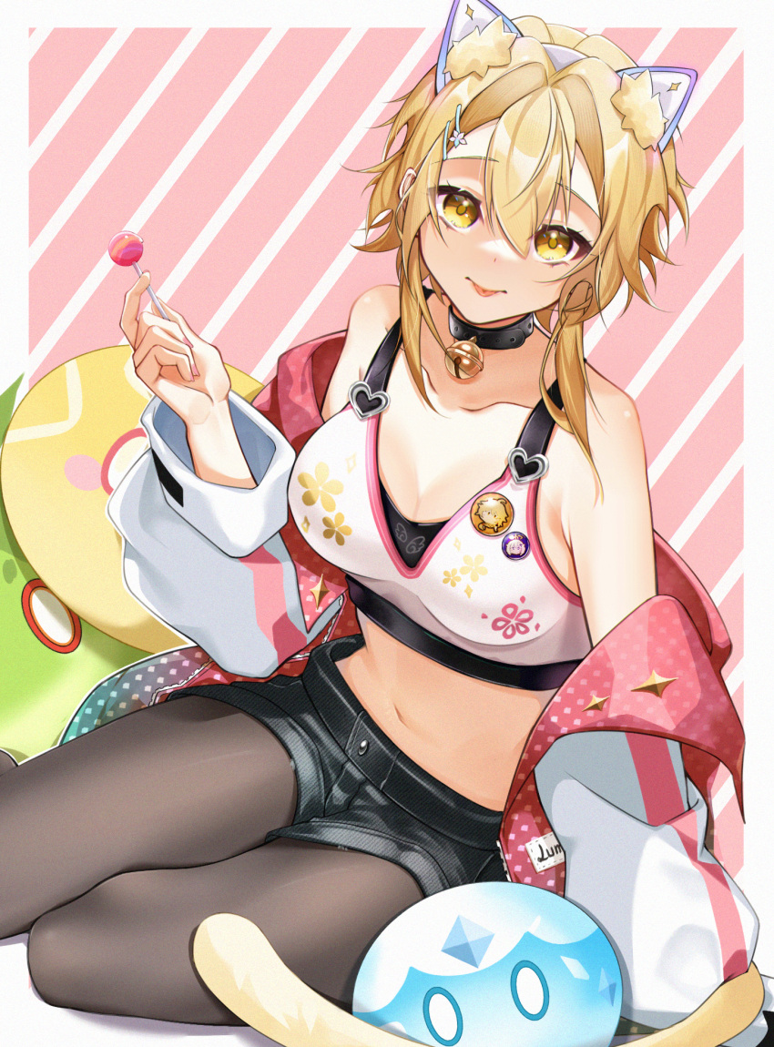 1girl :p animal_ears bare_shoulders bell black_choker black_shorts blonde_hair breasts cat_ears choker cleavage commentary_request fake_animal_ears floral_print food genshin_impact grey_pantyhose hair_between_eyes hand_up highres holding holding_food jacket jingle_bell large_breasts long_hair looking_at_viewer lumine_(genshin_impact) neck_bell off_shoulder open_clothes open_jacket pantyhose pink_background popsicle short_shorts shorts sitting slime_(genshin_impact) solo sports_bra striped striped_background thighs tongue tongue_out yellow_eyes yoshitoki_(kisshin)