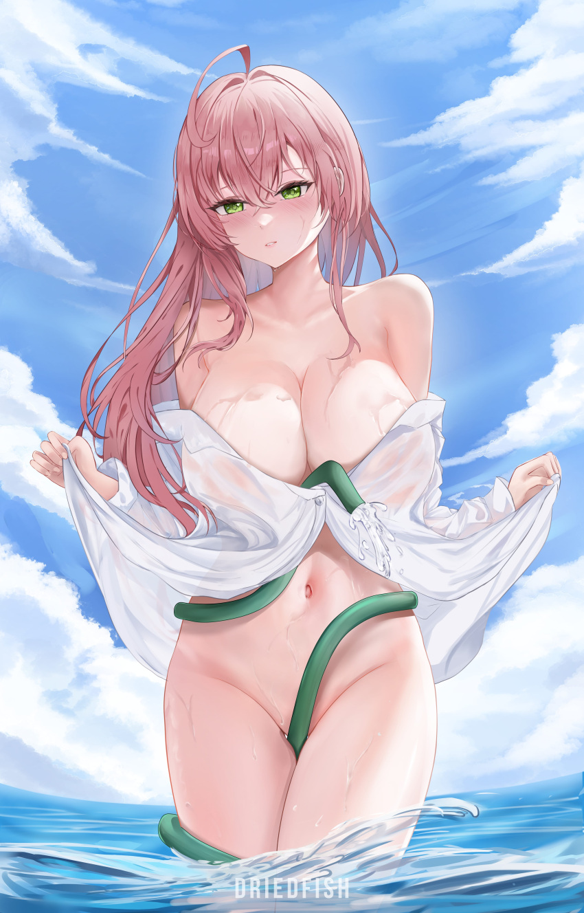 1girl absurdres ahoge bikini bikini_under_clothes blue_archive breasts cleavage cloud cloudy_sky day green_eyes halo hanako_(blue_archive) hanako_(swimsuit)_(blue_archive) highres hose hose_between_breasts large_breasts long_hair looking_at_viewer ocean official_alternate_costume outdoors oversized_clothes oversized_shirt pink_hair pink_halo realdriedfish see-through see-through_shirt shirt sky solo swimsuit thighs wet wet_clothes wet_shirt white_shirt