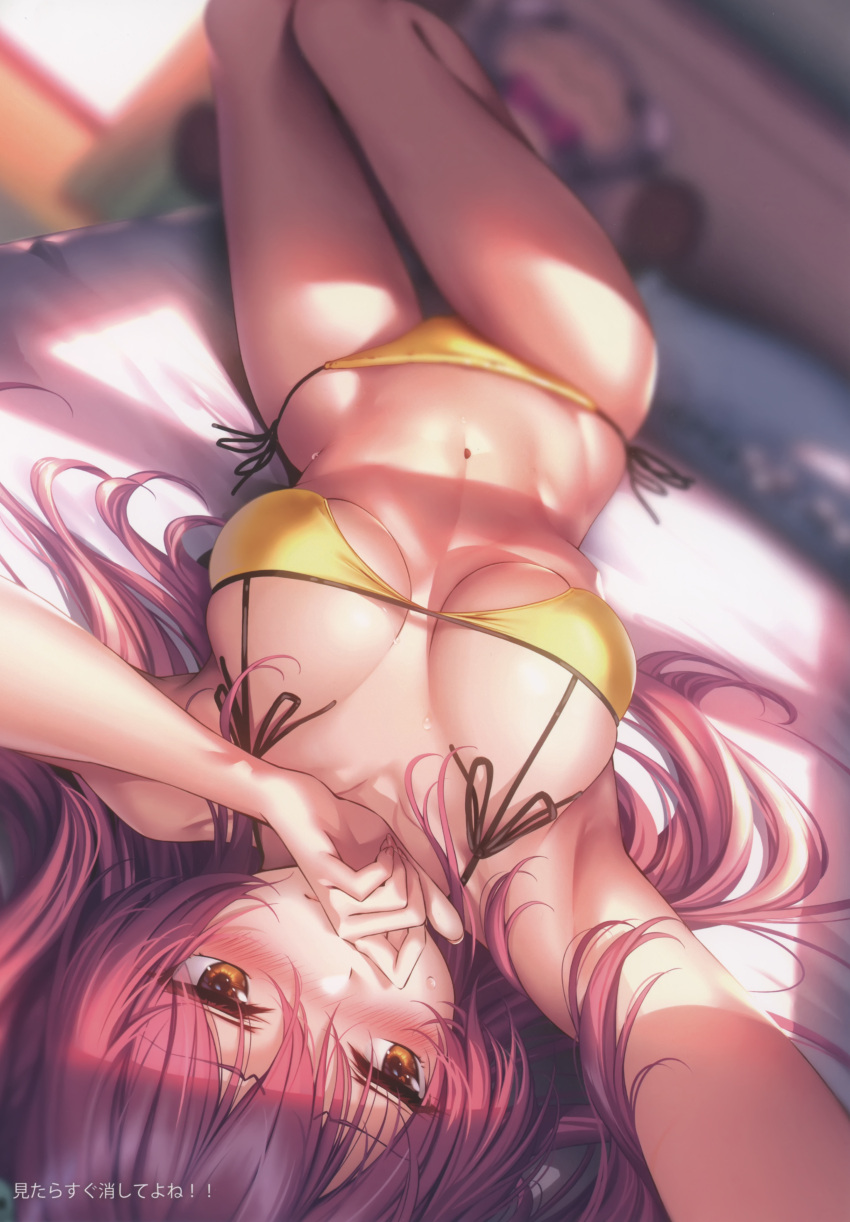 1girl absurdres armpits bed bikini blurry blurry_background blush breasts brown_eyes day fingernails hand_up hanikami_kanojo highres hinoura_nanaka indoors long_hair looking_at_viewer lying medium_breasts navel on_back piromizu red_hair scan shadow side-tie_bikini_bottom simple_background solo stomach stuffed_toy sweat sweatdrop swimsuit thighs window yellow_bikini