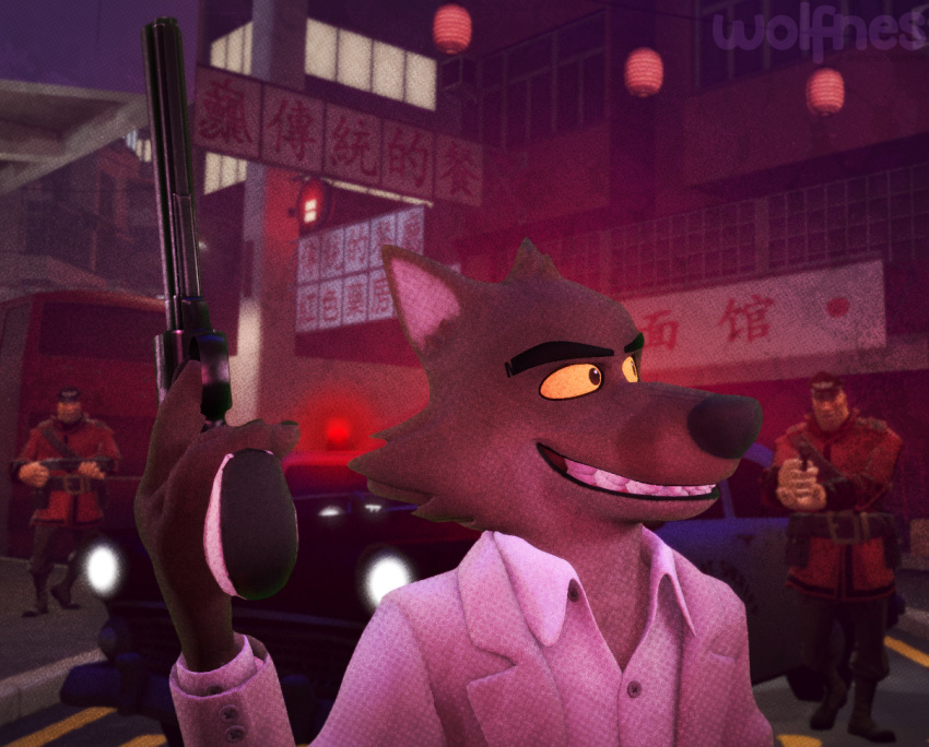 3d_(artwork) anthro canid canine canis car digital_media_(artwork) dreamworks group gun halftone handgun holding_gun holding_object holding_weapon hong_kong human lamp lantern male mammal mr._wolf_(the_bad_guys) paper_lantern police_car police_officer ranged_weapon revolver smile soldier_(team_fortress_2) source_filmmaker team_fortress_2 the_bad_guys trio valve vehicle watermark weapon wolf wolfnes