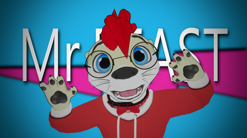 16:9 aka aka_the_otter anthro awtter blue_eyes bow_tie clothed clothing eyewear fur glasses hair hi_res male mammal meme mr_beast_(meme) mustelid open_mouth otter raised_arms red_hair surprised_expression tan_body tan_fur vrchat white_body white_fur widescreen