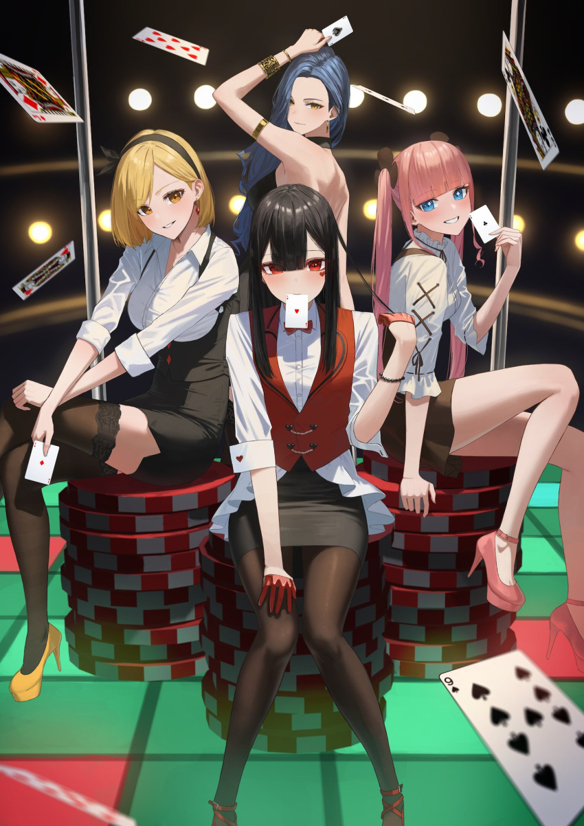 4girls arm_up armlet black_dress black_footwear black_hair black_pantyhose black_skirt black_thighhighs blue_eyes blue_hair blunt_bangs bow bowtie breasts card card_in_mouth clover_hair_ornament club_(shape) diamond_(shape) dmm dmm_scratch dress earrings enokawa_kokoro facial_mark feet_out_of_frame gloves gold_bracelet grin hair_ornament halter_dress halterneck hand_in_own_hair hand_on_own_thigh hand_up hara_kenshi heart high_heels highres holding holding_card jewelry kimishima_touka kunitomi_ryouka kuroba_mitsuha large_breasts long_hair looking_at_viewer medium_breasts mouth_hold multiple_girls original pantyhose parted_lips pencil_skirt pink_footwear pink_hair playing_card poker_chip red_bow red_bowtie red_eyes red_footwear red_gloves red_vest shirt short_hair side_slit sidelocks sitting skirt smile spade_(shape) teeth thighhighs twintails vest white_shirt yellow_eyes