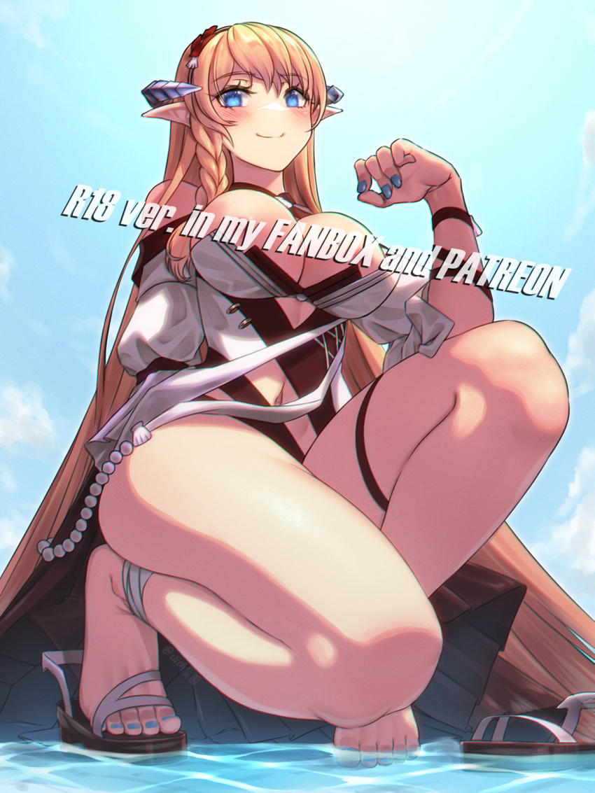 1girl arknights bare_shoulders barefoot blue_eyes blue_nails blue_sky blush braid breasts censored censored_nipples chinese_commentary cloud cloudy_sky commentary_request day eyelashes feet full_body hairband hand_up heel_up highres impossible_clothes knee_up large_breasts light_brown_hair long_hair looking_at_viewer nail_polish navel nipple_slip nipples outdoors paid_reward_available pointy_ears saileach_(arknights) sandals shirt single_sandal sky smile solo squatting thighs toenail_polish toenails toes very_long_hair wading white_shirt yamauchi_(conan-comy)