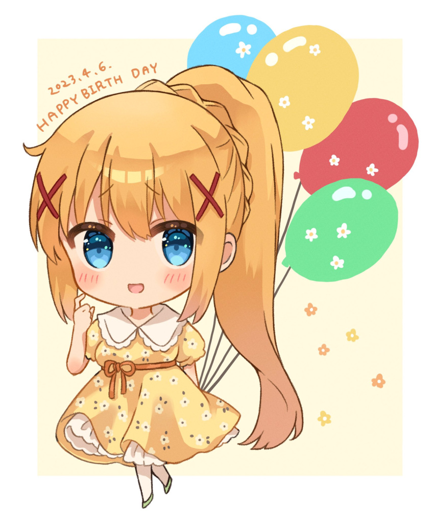 1girl balloon blonde_hair blue_eyes blush_stickers braid breasts chibi commentary darkness_(konosuba) dated dress english_text hair_ornament happy_birthday high_ponytail highres holding holding_balloon kono_subarashii_sekai_ni_shukufuku_wo! long_hair looking_at_viewer open_mouth puffy_short_sleeves puffy_sleeves raised_eyebrows shoes short_sleeves smile solo standing very_long_hair x_hair_ornament yellow_dress yuno_(suke_yuno)