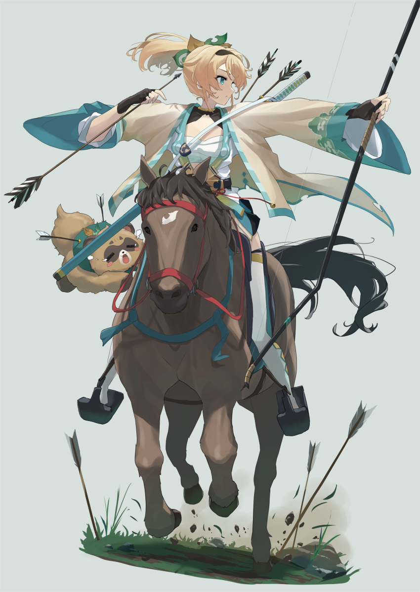 1girl absurdres arrow_(projectile) blonde_hair blue_eyes bow_(weapon) chest_sarashi fingerless_gloves gloves haori highres holding holding_arrow holding_bow_(weapon) holding_weapon hololive horse horseback_riding japanese_clothes katana kazama_iroha long_(haruki-7) planted planted_arrow pokobee ponytail riding sarashi sword thighhighs virtual_youtuber weapon weapon_on_back