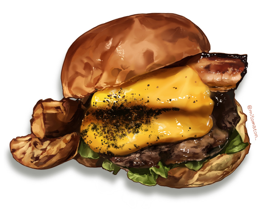 absurdres artist_name bacon burger cheese food food_focus highres lettuce meat mitomaton no_humans original pepper realistic simple_background still_life twitter_username white_background