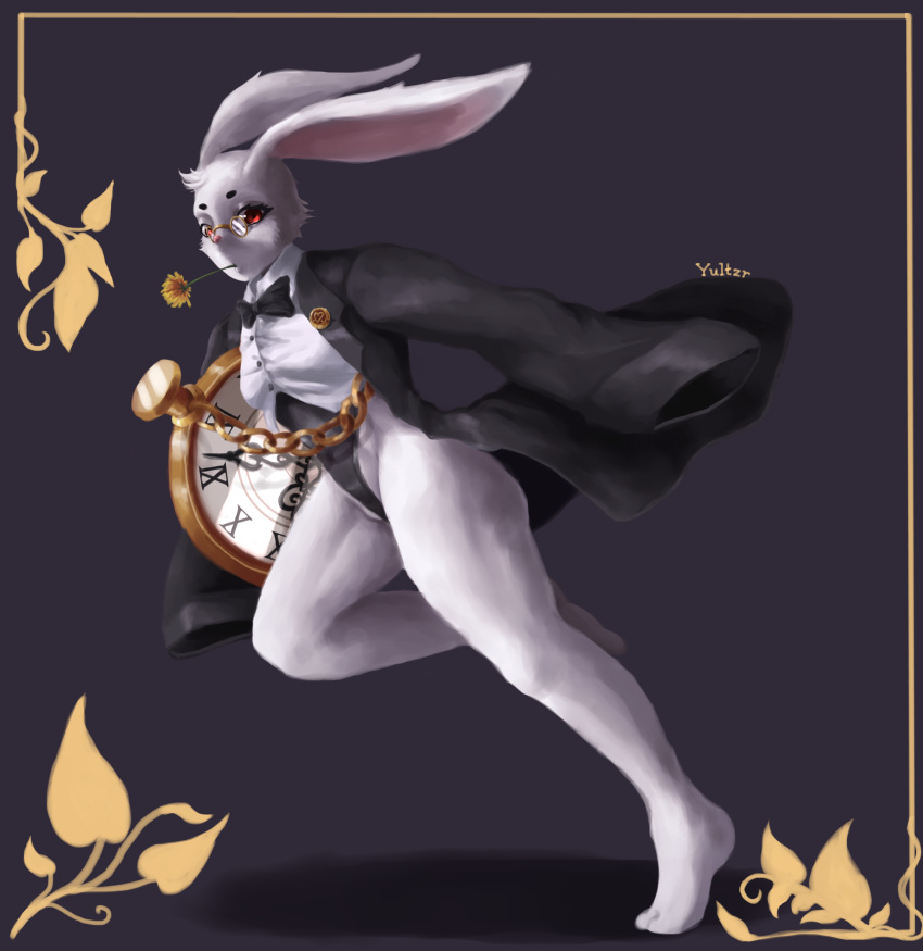 absurd_res albino alice_in_wonderland anthro barefoot black_bikini_bottom black_bow_tie black_cloak breasts chain cleavage clock clothed clothing eyewear feet female flower_in_mouth fur glasses gold_(metal) gold_border gold_chain grey_background hair hi_res lagomorph leporid mammal plant rabbit red_eyes running shadow shirt signature simple_background the_white_rabbit topwear vines white_body white_clothing white_fur white_hair white_shirt white_topwear yultzr