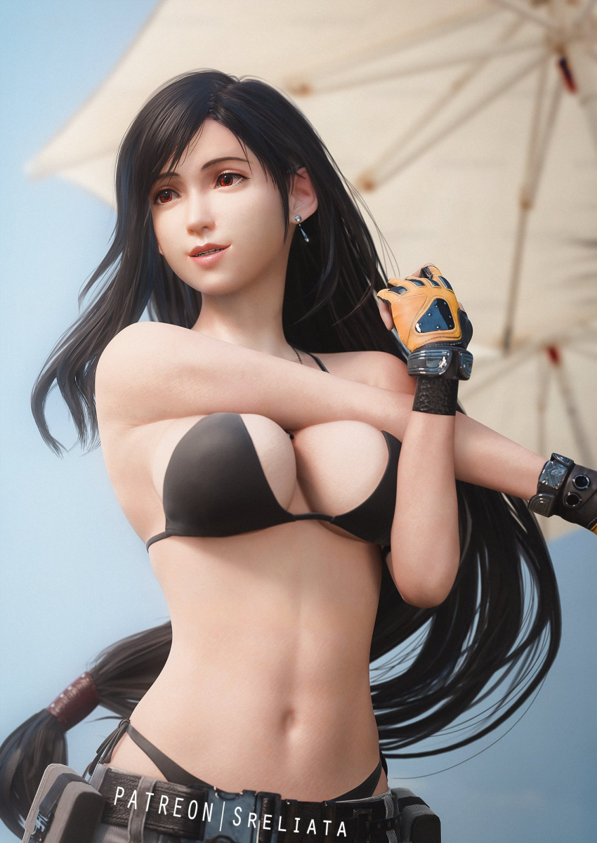 3d beach_umbrella belly bikini black_bikini black_hair breasts breasts_day brown_eyes cleavage cross-body_stretch final_fantasy final_fantasy_vii final_fantasy_vii_ever_crisis final_fantasy_vii_remake gloves good_breasts_day highres large_breasts long_hair looking_to_the_side low-tied_long_hair navel patreon_username skirt sky sreliata swimsuit thong thong_bikini tifa_lockhart tifa_lockhart_(lifeguard) umbrella