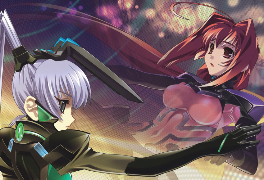 2girls ahoge black_gloves bodysuit bou breasts covered_navel fortified_suit gloves hair_behind_ear kagami_sumika long_hair low_ponytail medium_breasts multiple_girls muvluv muvluv_alternative official_art open_mouth pilot_suit pink_bodysuit red_eyes skin_tight twintails very_long_hair yashiro_kasumi