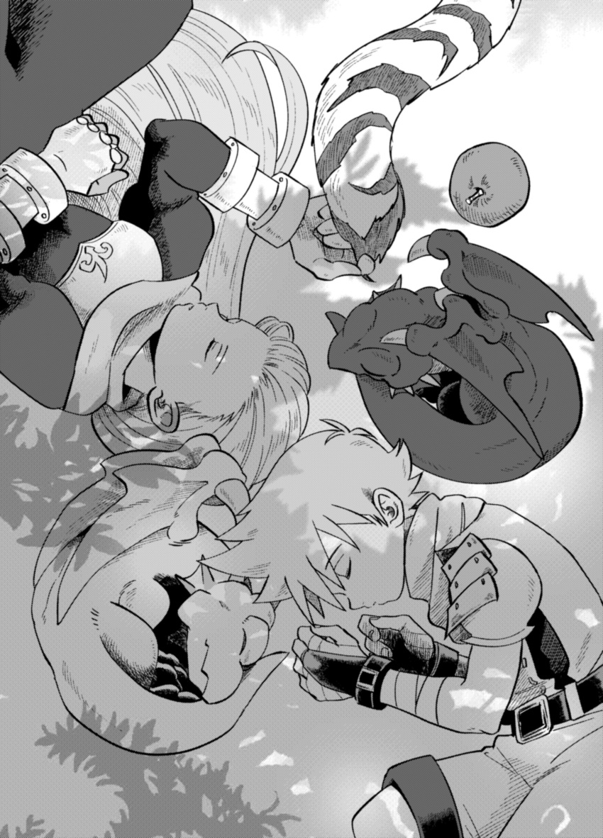 3boys absurdres apple belt breath_of_fire breath_of_fire_iii closed_mouth damegamega dragon fingerless_gloves food fruit gloves greyscale highres long_hair male_focus monochrome multiple_boys rei_(breath_of_fire) ryuu_(breath_of_fire_iii) sleeping tail teepo