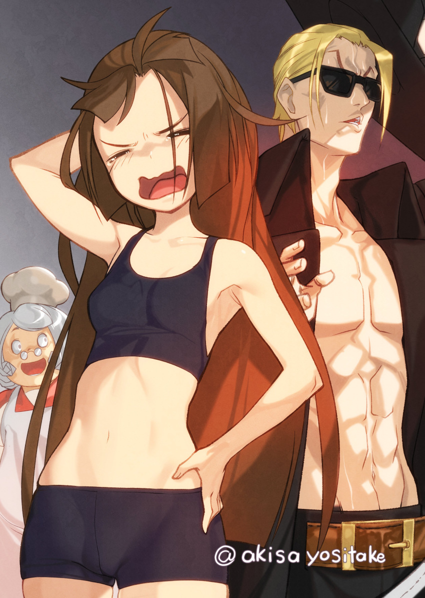 1girl 2boys abs absurdres akisa_yositake bike_shorts black_headwear black_shorts black_sports_bra blonde_hair breasts brown_hair chef chef_hat grey_hair guilty_gear guilty_gear_xx hat highres johnny_(guilty_gear) long_hair looking_at_viewer may_(guilty_gear) medium_breasts multiple_boys shorts sports_bra sunglasses toque_blanche white_headwear